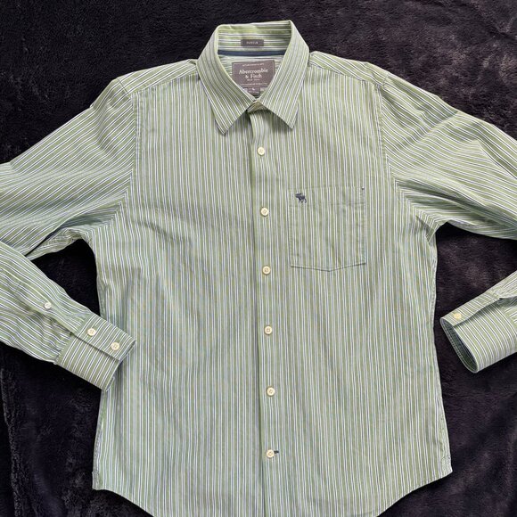 Abercrombie & Fitch Muscle Long Sleeve Button Down Shirt‎ Green w/Blue Stripes L - Picture 1 of 6
